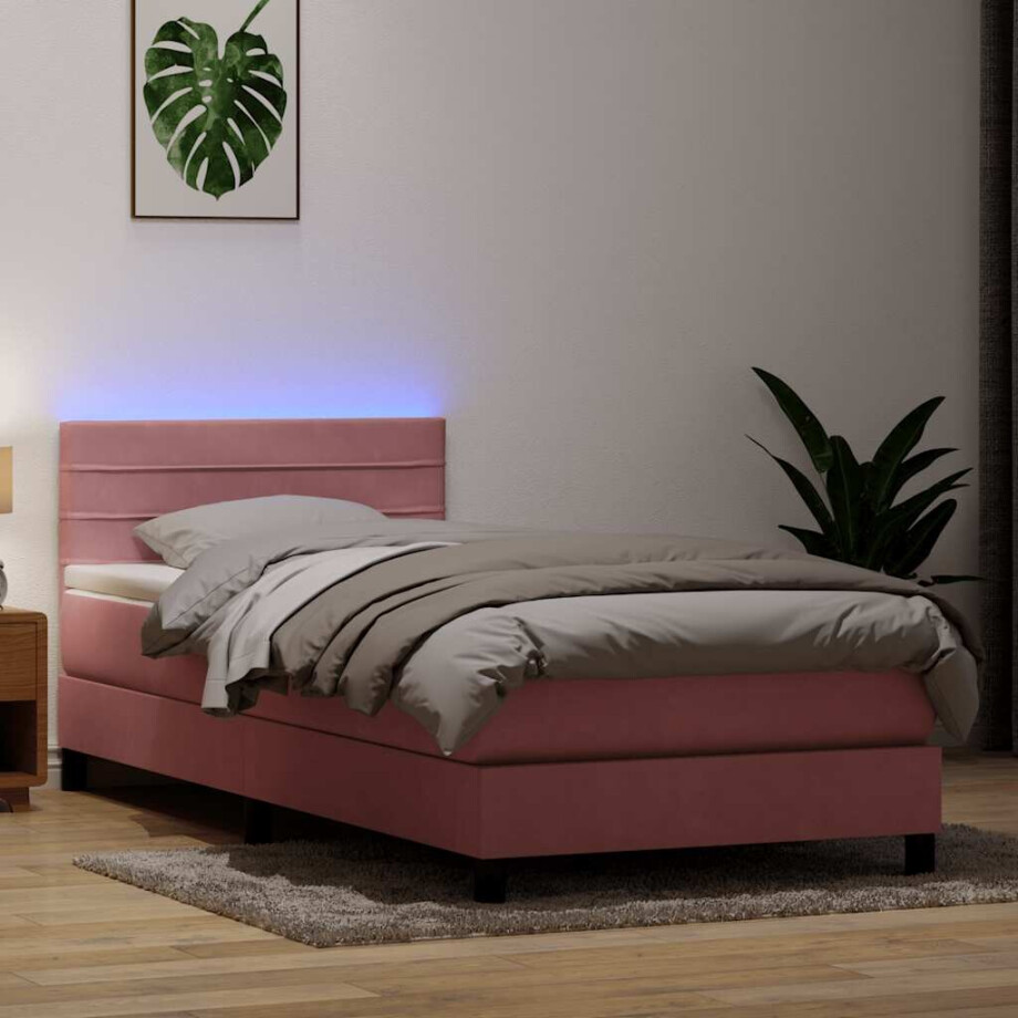 vidaXL Boxspring met matras en LED fluweel roze 90x220 cm afbeelding 1