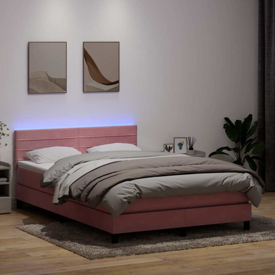 vidaXL Boxspring met matras en LED fluweel roze 140x220 cm afbeelding 1