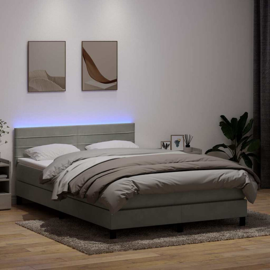 vidaXL Boxspring met matras en LED fluweel lichtgrijs 160x220 cm vidaXL Boxspring met matras en LED fluweel lichtgrijs 160x220 cm afbeelding 1