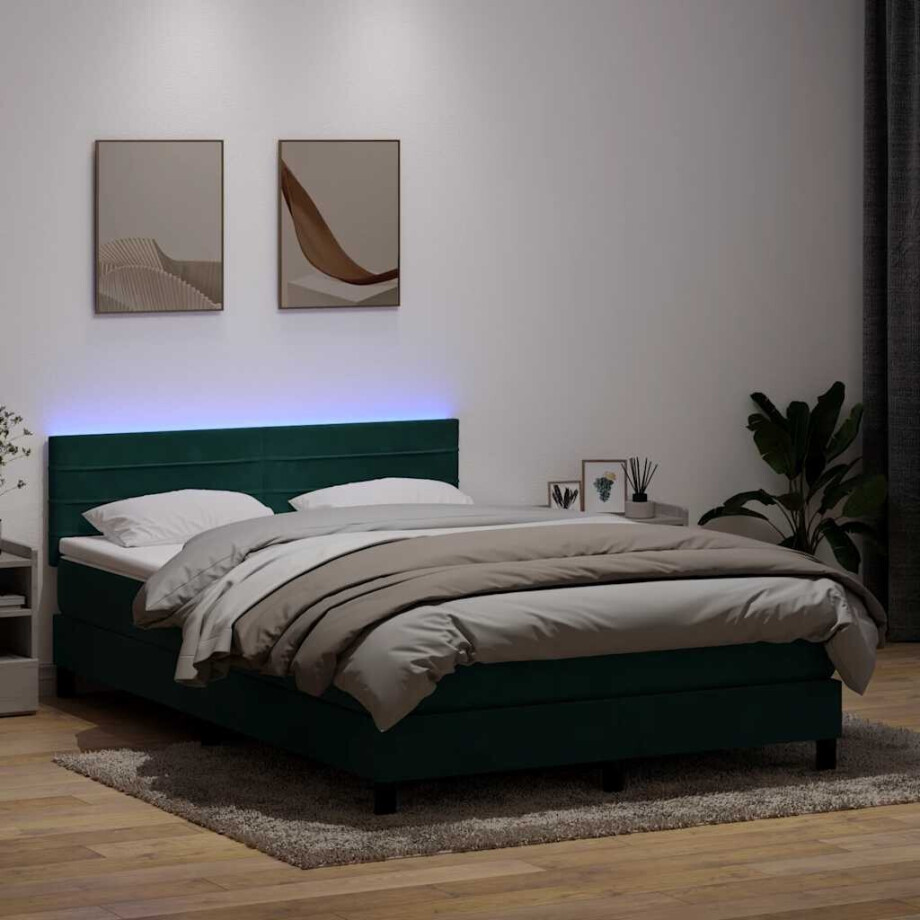 vidaXL Boxspring met matras en LED fluweel donkergroen 160x220 cm afbeelding 1
