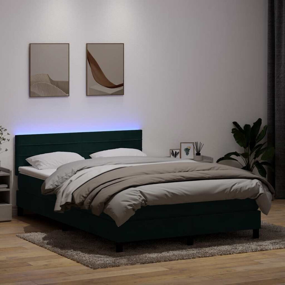 vidaXL Boxspring met matras en LED fluweel donkergroen 160x220 cm afbeelding 1