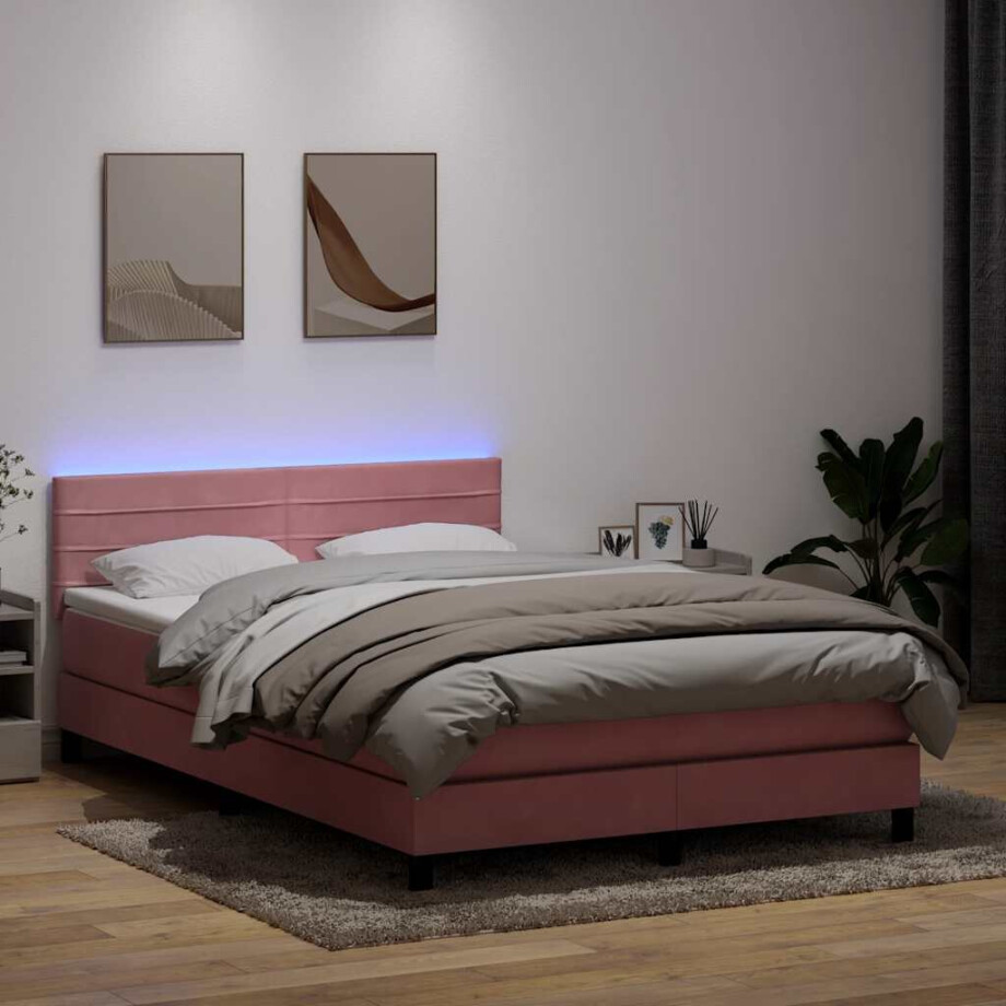 vidaXL Boxspring met matras en LED fluweel roze 160x220 cm vidaXL Boxspring met matras en LED fluweel roze 160x220 cm afbeelding 1