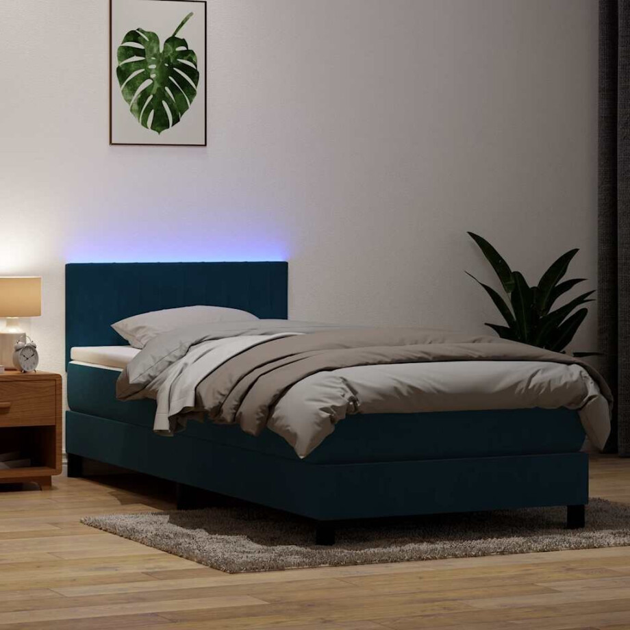vidaXL Boxspring met matras en LED fluweel donkerblauw 80x220 cm afbeelding 1