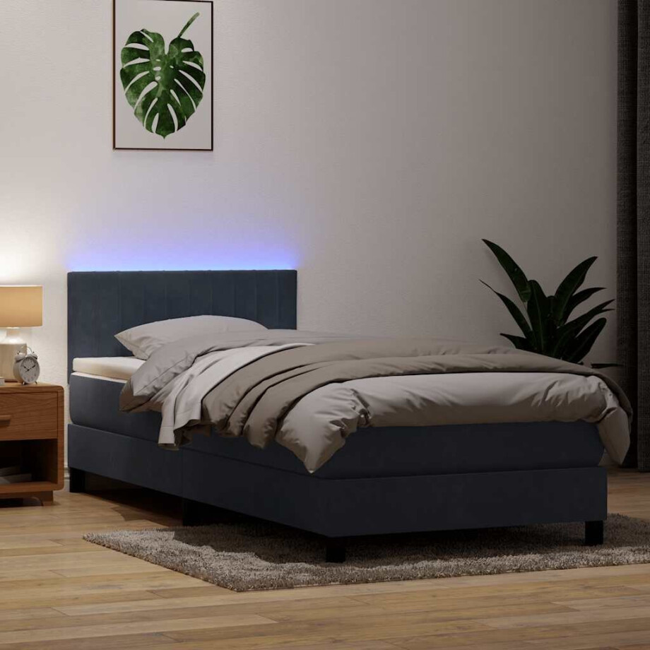 vidaXL Boxspring met matras en LED fluweel donkergrijs 90x220 cm vidaXL Boxspring met matras en LED fluweel donkergrijs 90x220 cm afbeelding 1