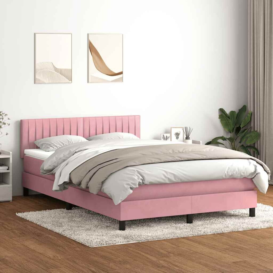 vidaXL Boxspring met matras en LED fluweel roze 140x220 cm afbeelding 1