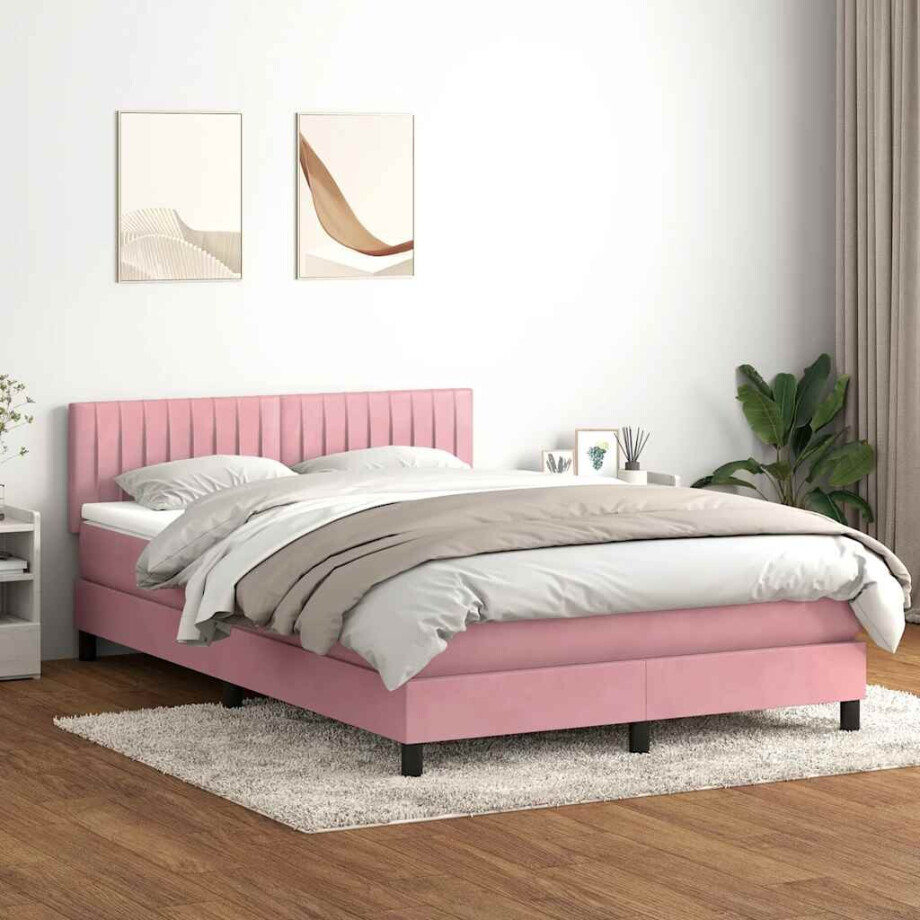 vidaXL Boxspring met matras en LED fluweel roze 160x220 cm vidaXL Boxspring met matras en LED fluweel roze 160x220 cm afbeelding 1