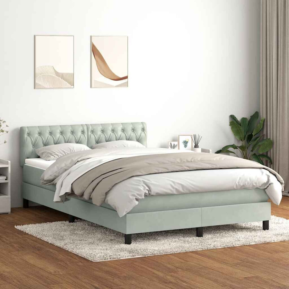 vidaXL Boxspring met matras en LED fluweel lichtgrijs 160x210 cm afbeelding 1