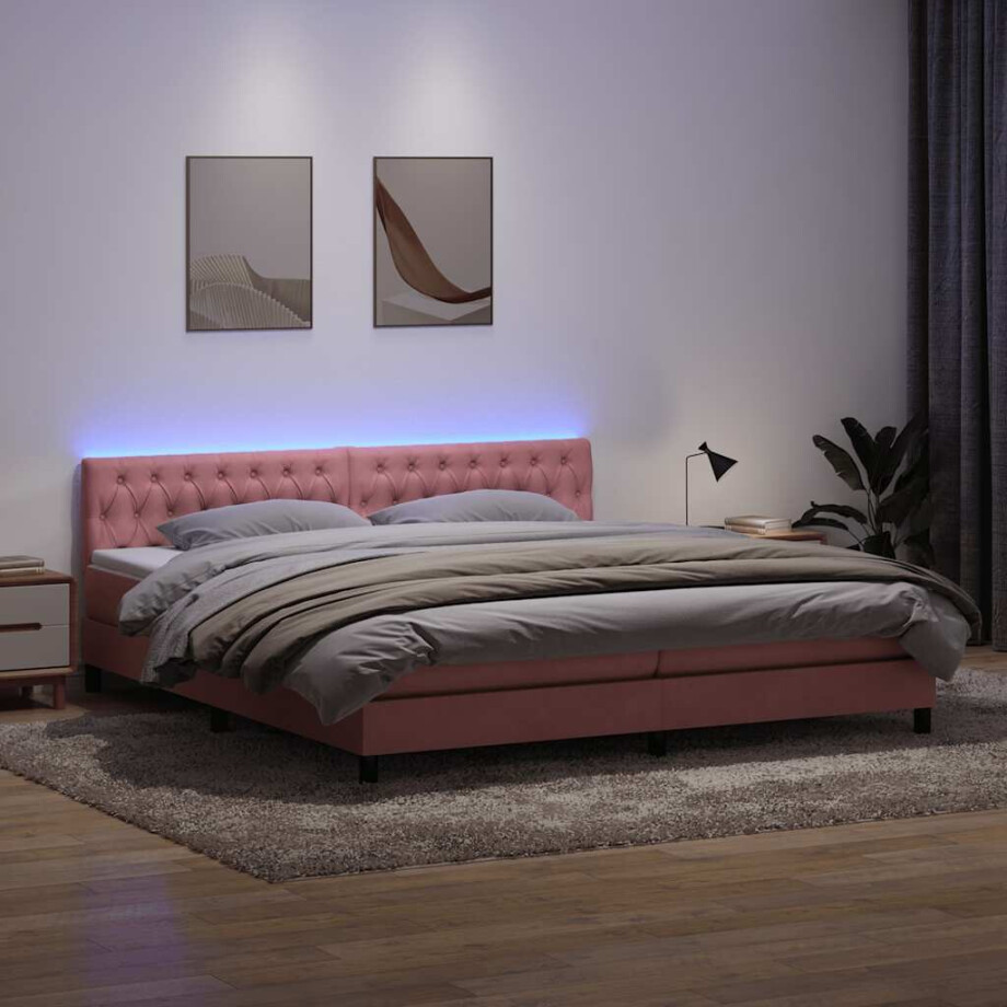 vidaXL Boxspring met matras en LED fluweel roze 180x210 cm afbeelding 1