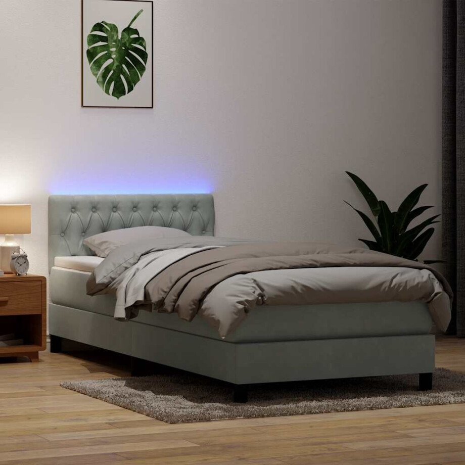 vidaXL Boxspring met matras en LED fluweel lichtgrijs 80x220 cm afbeelding 1