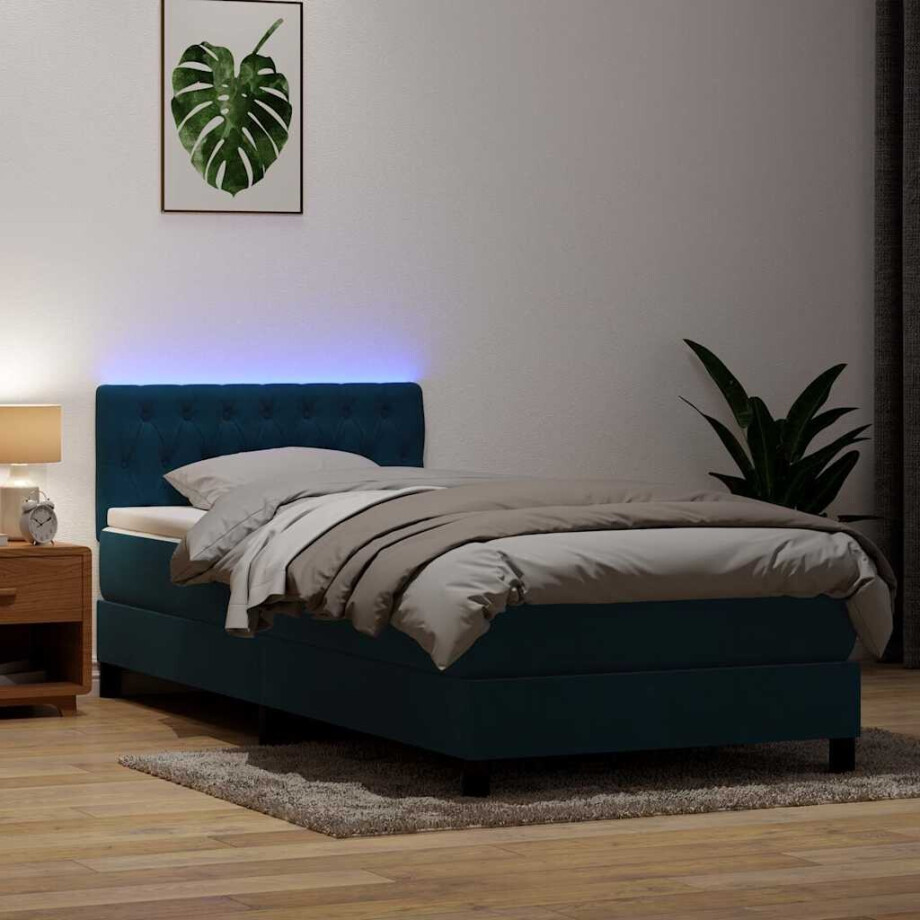vidaXL Boxspring met matras en LED fluweel donkerblauw 80x220 cm afbeelding 1