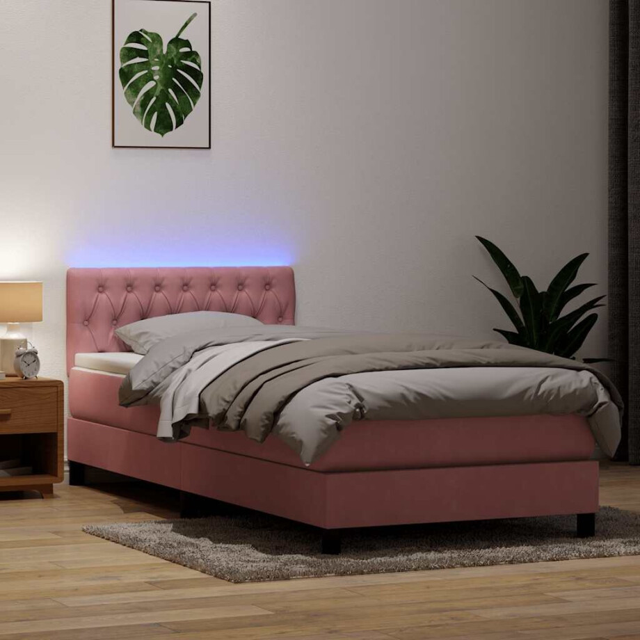 vidaXL Boxspring met matras en LED fluweel roze 80x220 cm afbeelding 1