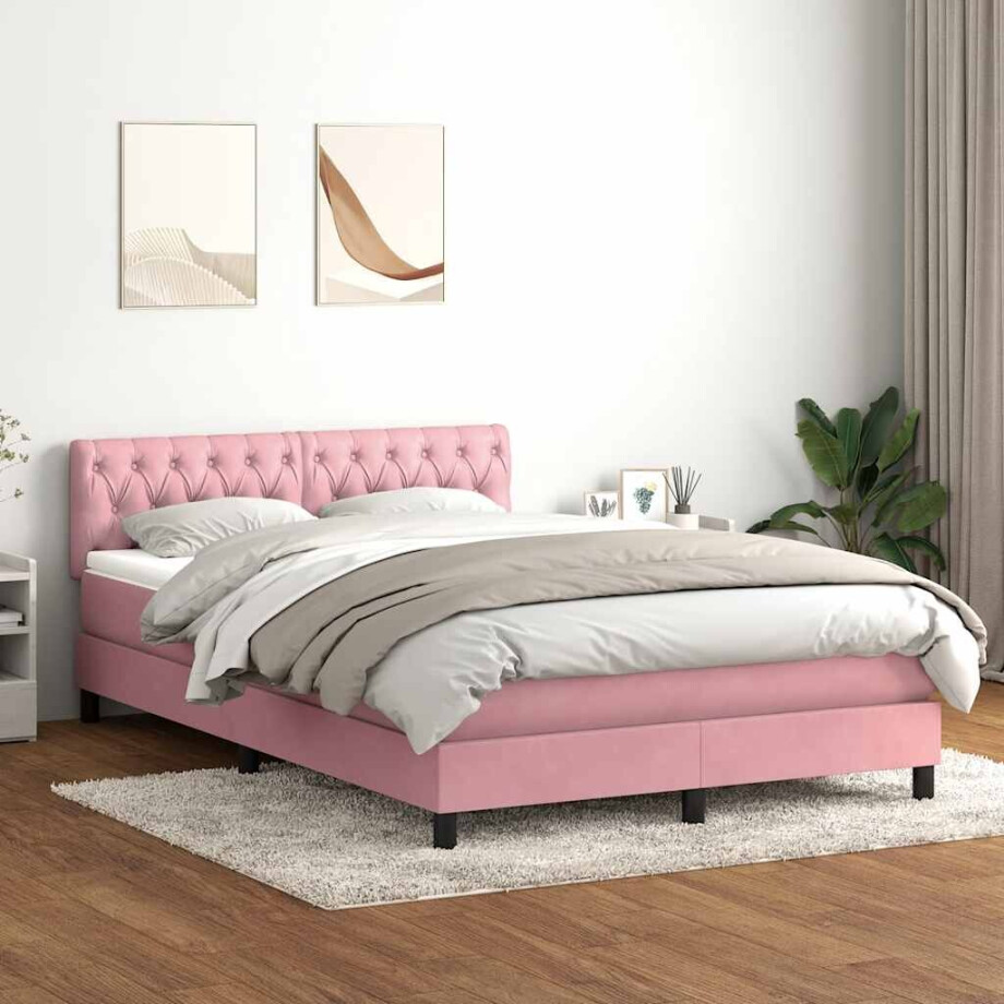 vidaXL Boxspring met matras en LED fluweel roze 140x220 cm vidaXL Boxspring met matras en LED fluweel roze 140x220 cm afbeelding 1