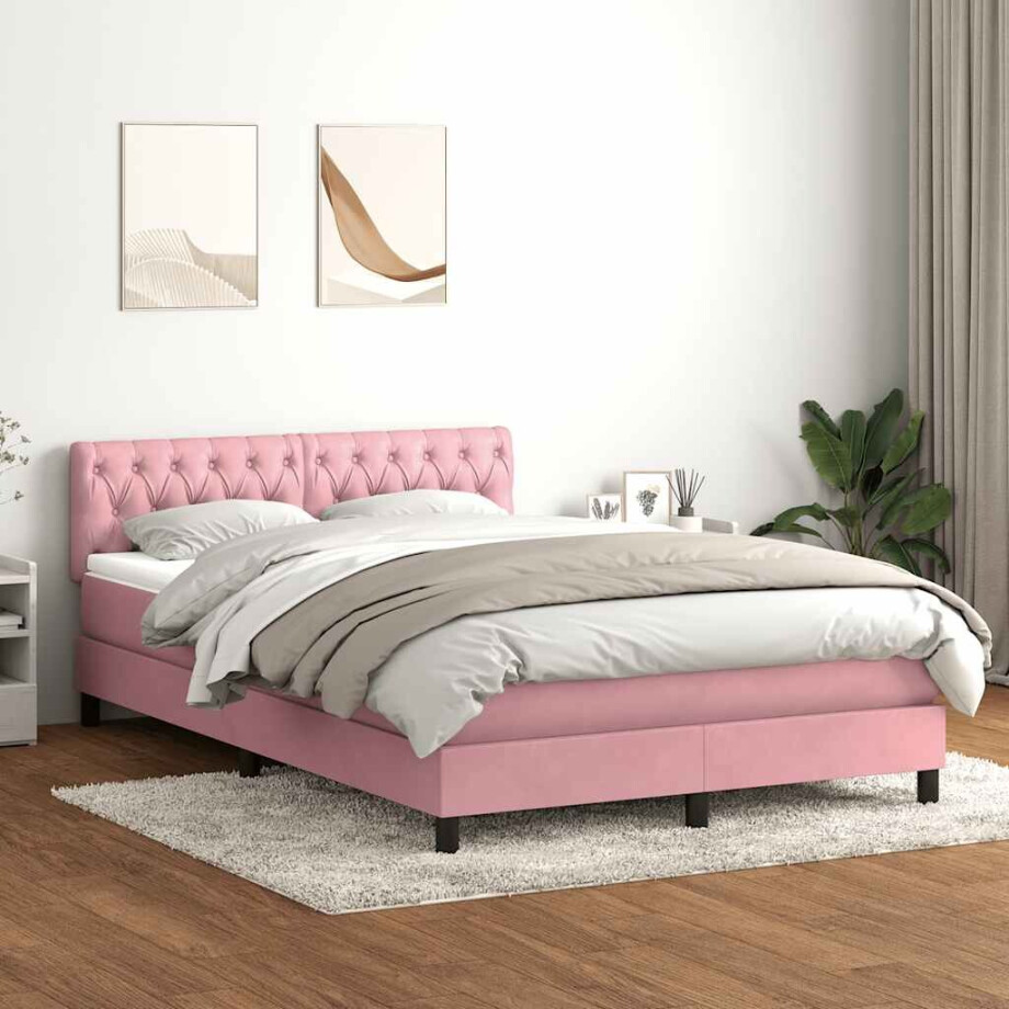 vidaXL Boxspring met matras en LED fluweel roze 160x220 cm vidaXL Boxspring met matras en LED fluweel roze 160x220 cm afbeelding 1
