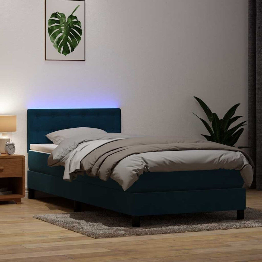 vidaXL Boxspring met matras en LED fluweel donkerblauw 80x210 cm afbeelding 1