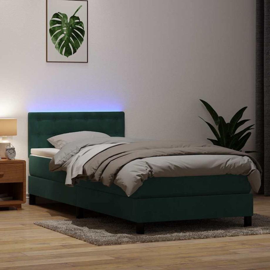 vidaXL Boxspring met matras en LED fluweel donkergroen 100x210 cm afbeelding 1