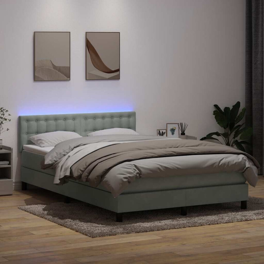 vidaXL Boxspring met matras en LED fluweel lichtgrijs 160x210 cm afbeelding 1