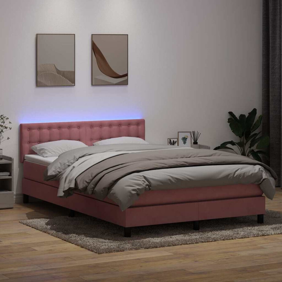 vidaXL Boxspring met matras en LED fluweel roze 160x210 cm vidaXL Boxspring met matras en LED fluweel roze 160x210 cm afbeelding 1