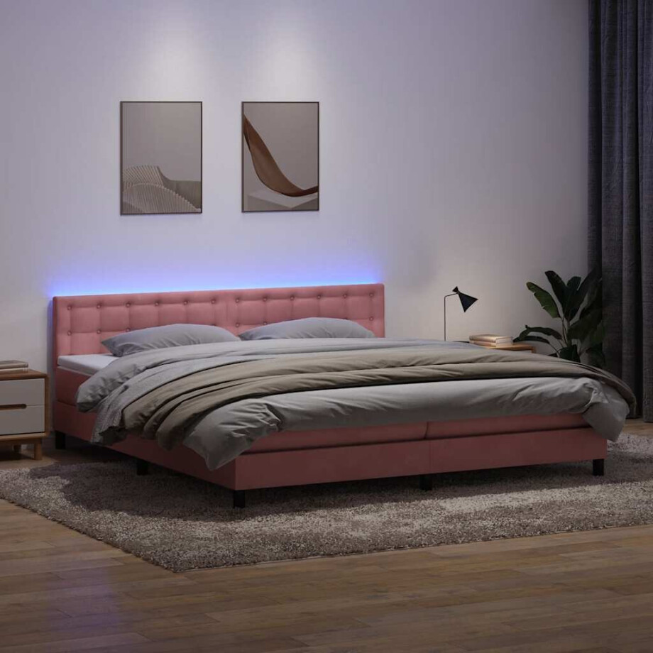 vidaXL Boxspring met matras en LED fluweel roze 180x210 cm afbeelding 1