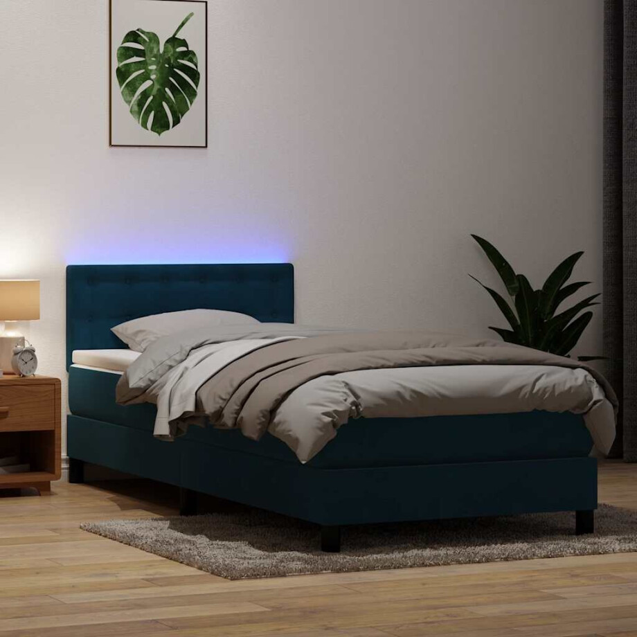 vidaXL Boxspring met matras en LED fluweel donkerblauw 80x220 cm afbeelding 1