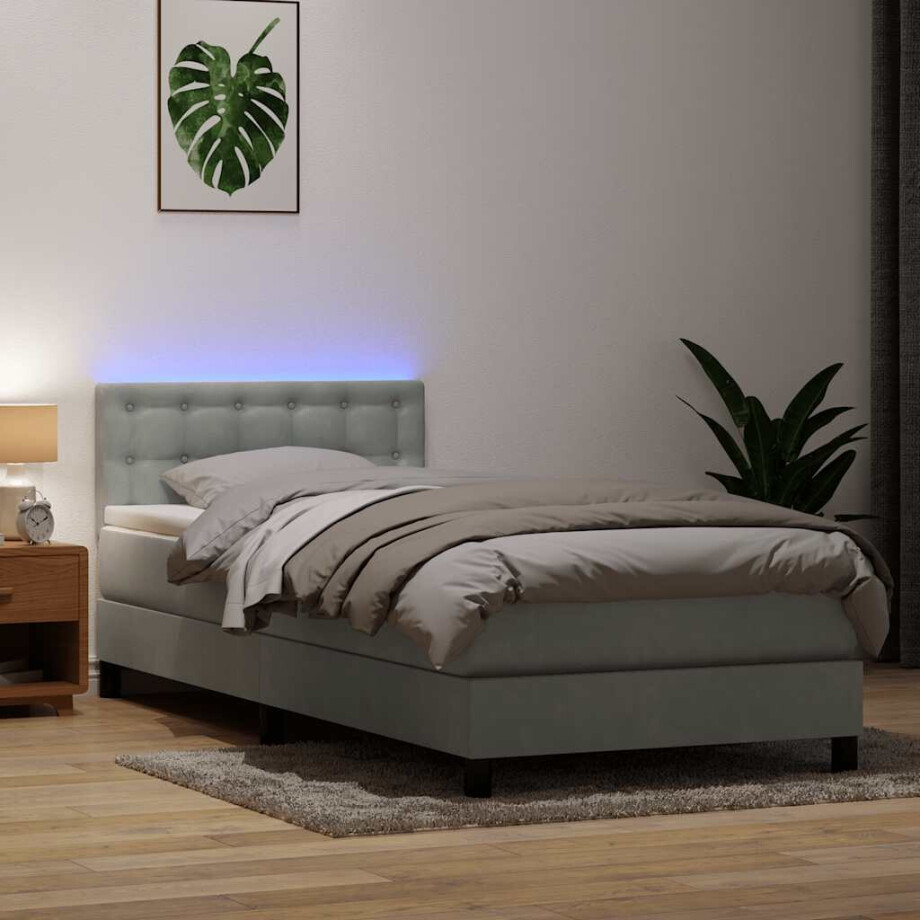 vidaXL Boxspring met matras en LED fluweel lichtgrijs 90x220 cm afbeelding 1