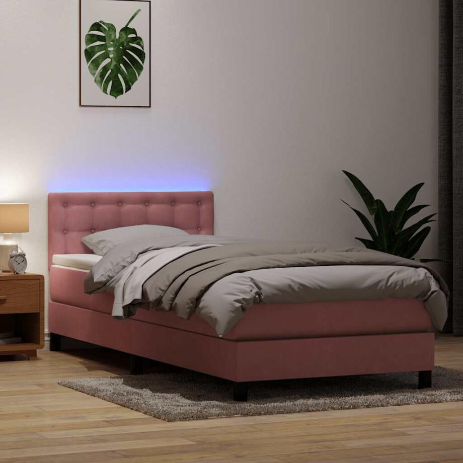 vidaXL Boxspring met matras en LED fluweel roze 100x220 cm afbeelding 1