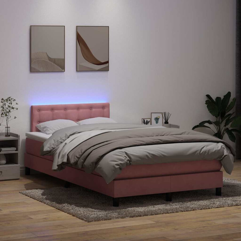 vidaXL Boxspring met matras en LED fluweel roze 120x220 cm afbeelding 1
