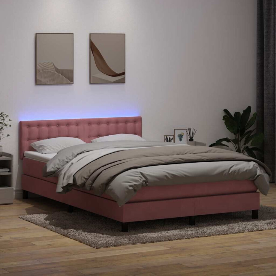 vidaXL Boxspring met matras en LED fluweel roze 160x220 cm afbeelding 1