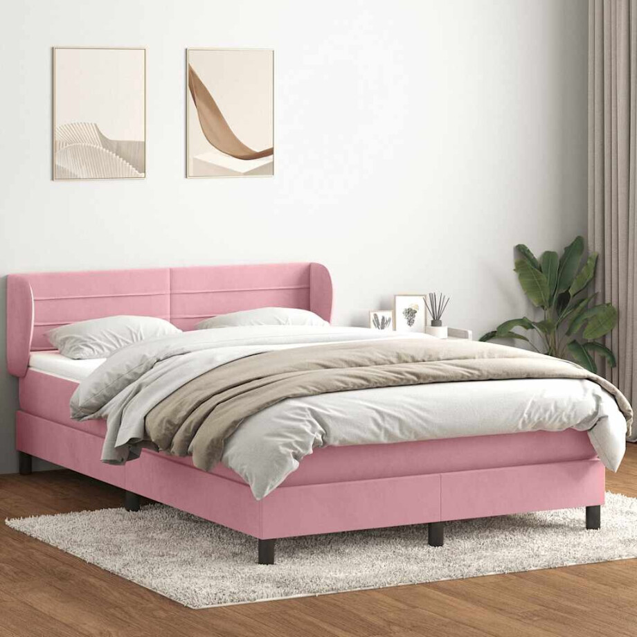 vidaXL Boxspring met matras fluweel roze 140x220 cm afbeelding 1