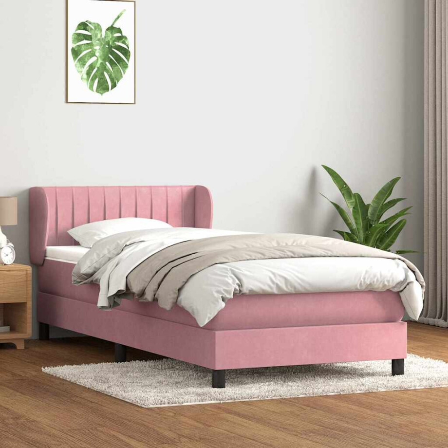 vidaXL Boxspring met matras fluweel roze 90x220 cm afbeelding 1