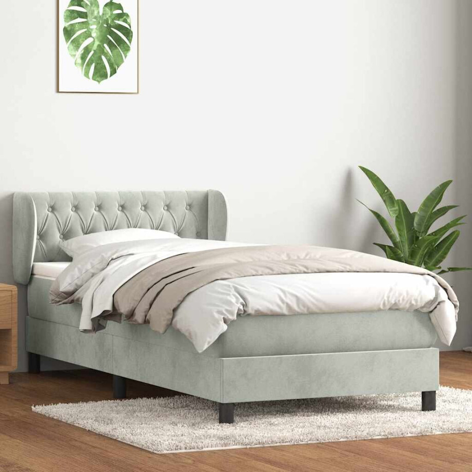 vidaXL Boxspring met matras fluweel lichtgrijs 90x210 cm afbeelding 1