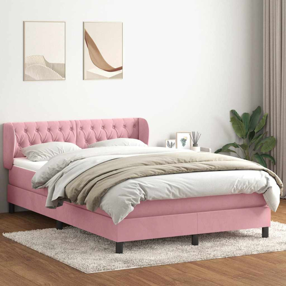 vidaXL Boxspring met matras fluweel roze 160x220 cm afbeelding 1