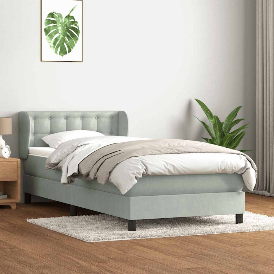 vidaXL Boxspring met matras fluweel lichtgrijs 90x210 cm afbeelding 1