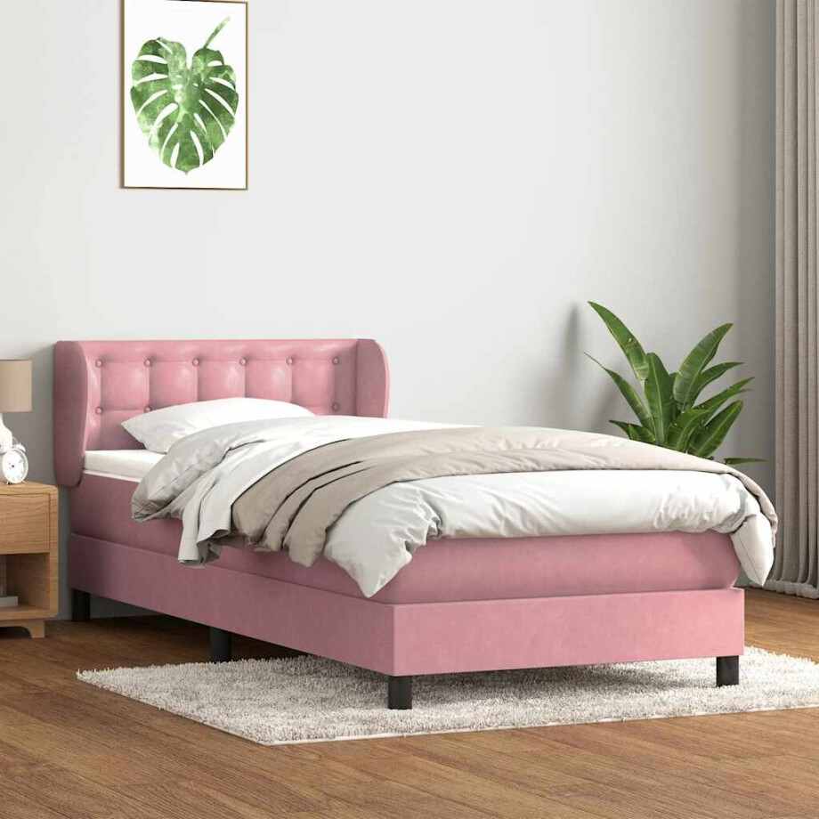 vidaXL Boxspring met matras fluweel roze 90x220 cm afbeelding 1