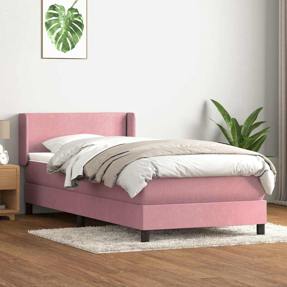 vidaXL Boxspring met matras fluweel roze 90x210 cm afbeelding 1