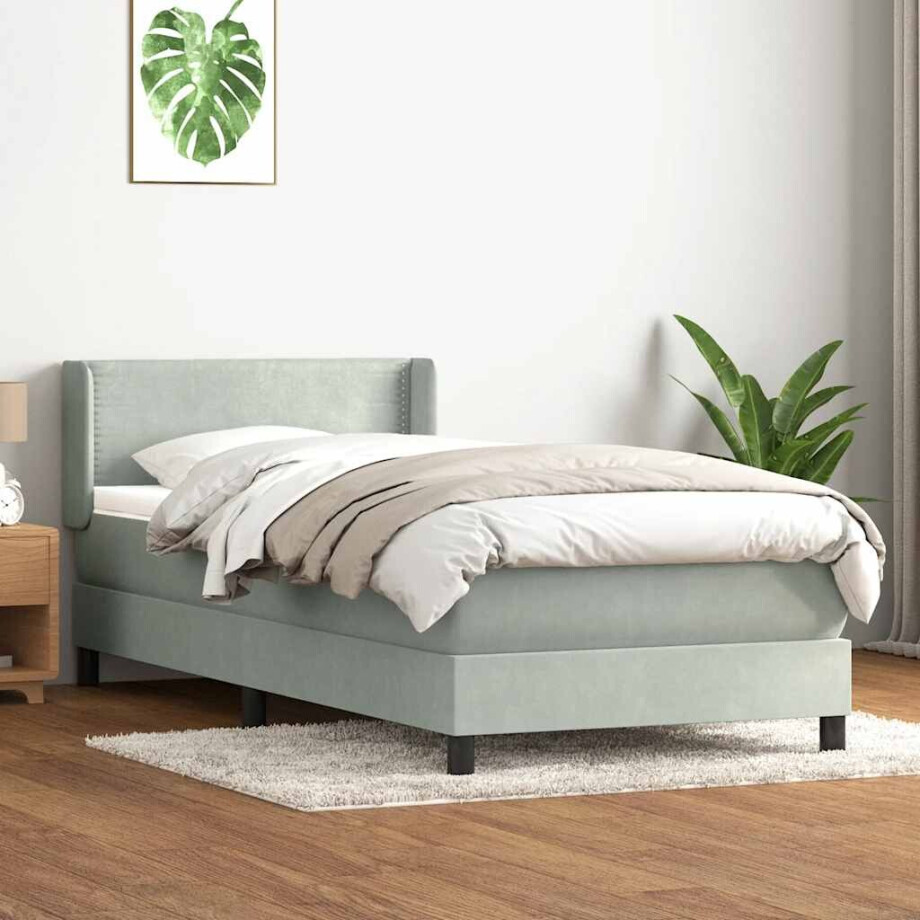 vidaXL Boxspring met matras fluweel lichtgrijs 90x210 cm afbeelding 1