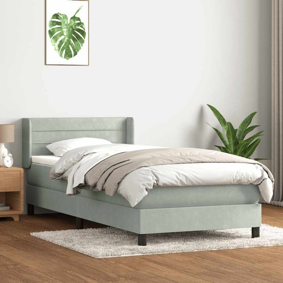 vidaXL Boxspring met matras fluweel lichtgrijs 90x210 cm afbeelding 1