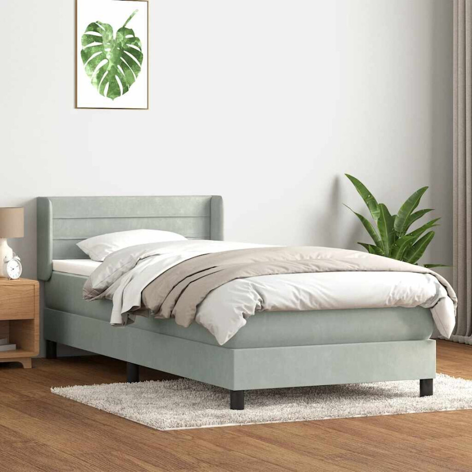 vidaXL Boxspring met matras fluweel lichtgrijs 80x220 cm afbeelding 1