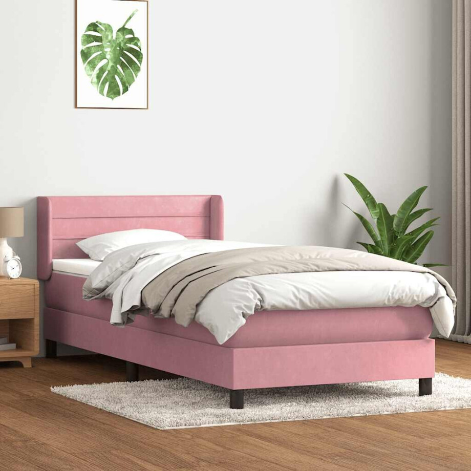 vidaXL Boxspring met matras fluweel roze 90x220 cm afbeelding 1