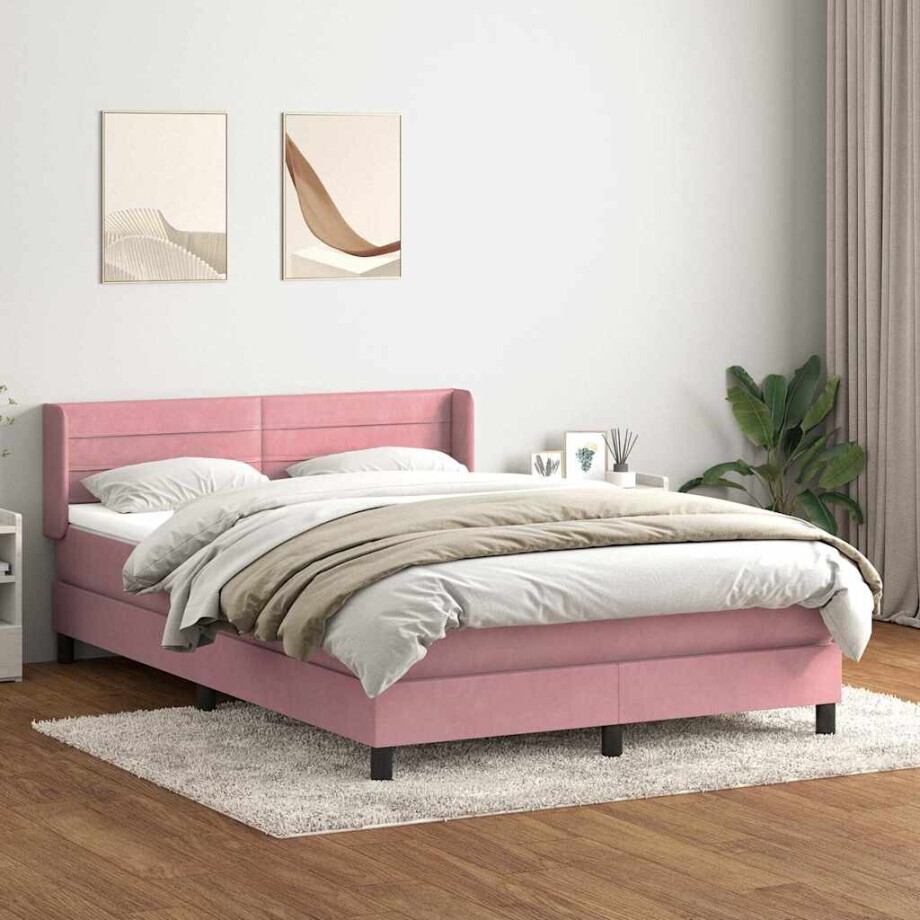 vidaXL Boxspring met matras fluweel roze 160x220 cm afbeelding 1