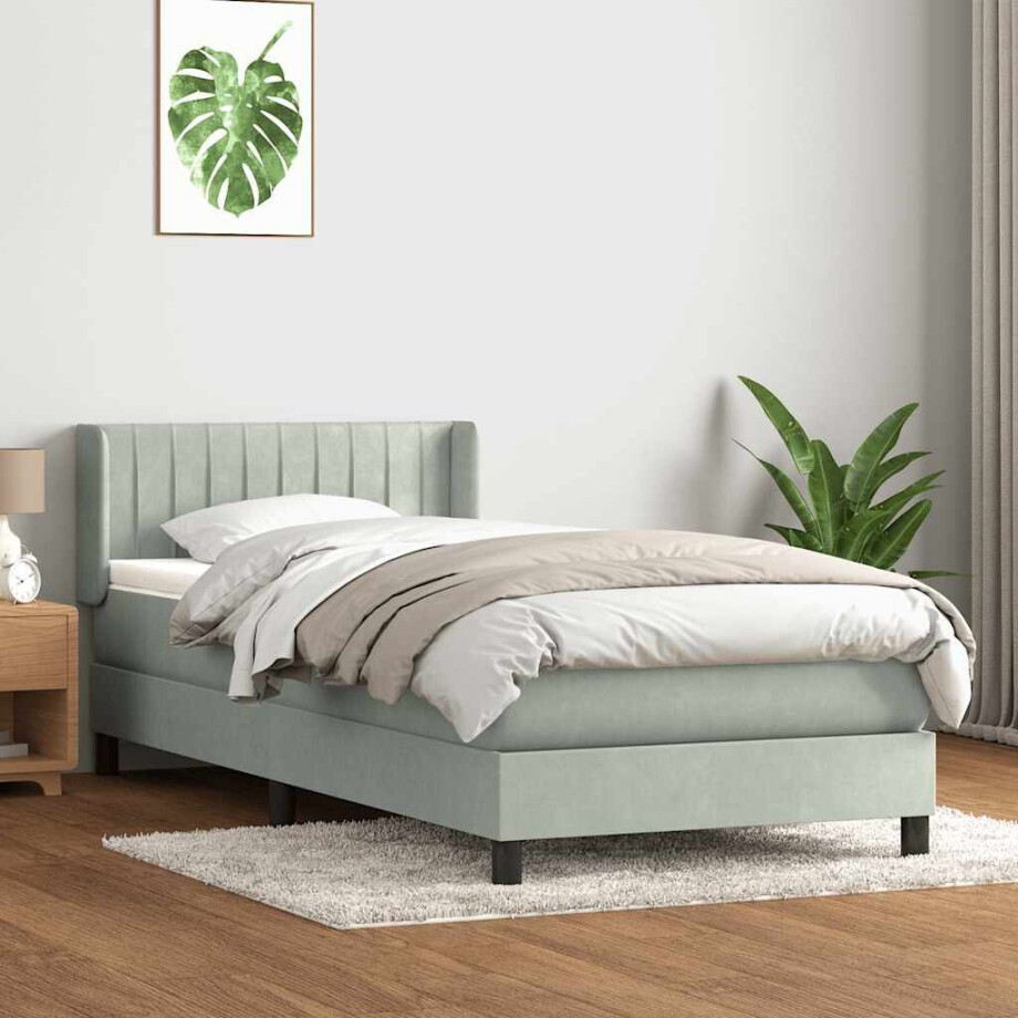vidaXL Boxspring met matras fluweel lichtgrijs 90x210 cm afbeelding 1