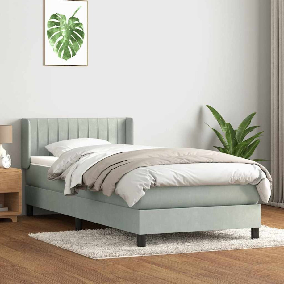vidaXL Boxspring met matras fluweel lichtgrijs 80x220 cm afbeelding 1