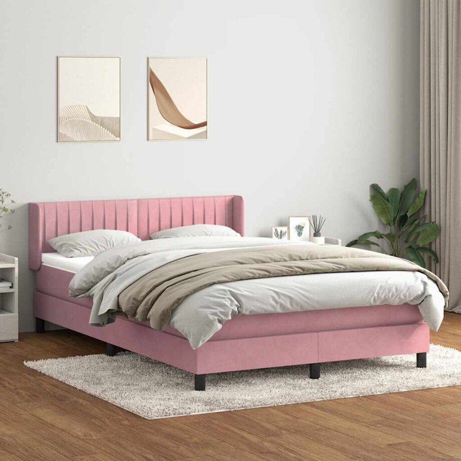 vidaXL Boxspring met matras fluweel roze 160x220 cm afbeelding 1
