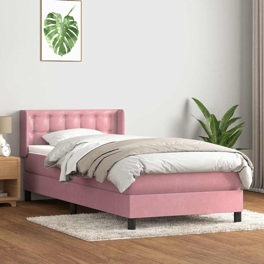 vidaXL Boxspring met matras fluweel roze 90x220 cm afbeelding 1