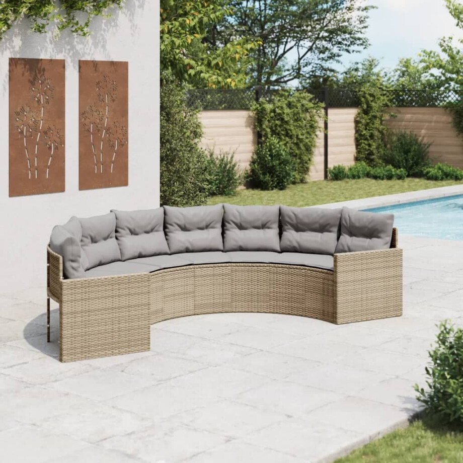 vidaXL Tuinbank met kussens halfrond poly rattan beige afbeelding 1