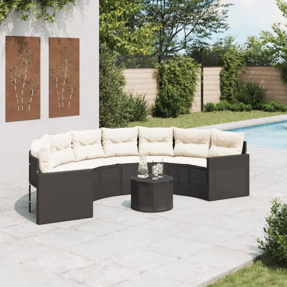 vidaXL Tuinbank met tafel en kussens halfrond poly rattan zwart vidaXL Tuinbank met tafel en kussens halfrond poly rattan zwart afbeelding 1