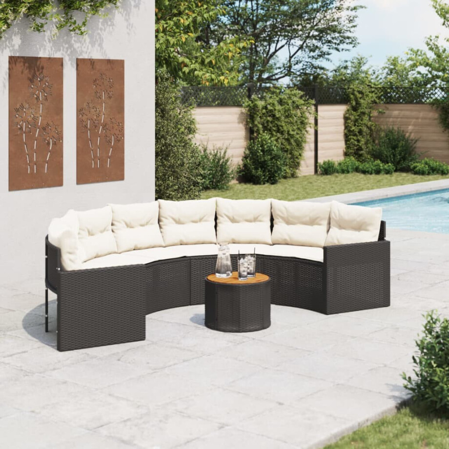vidaXL Tuinbank met tafel en kussens halfrond poly rattan zwart afbeelding 1