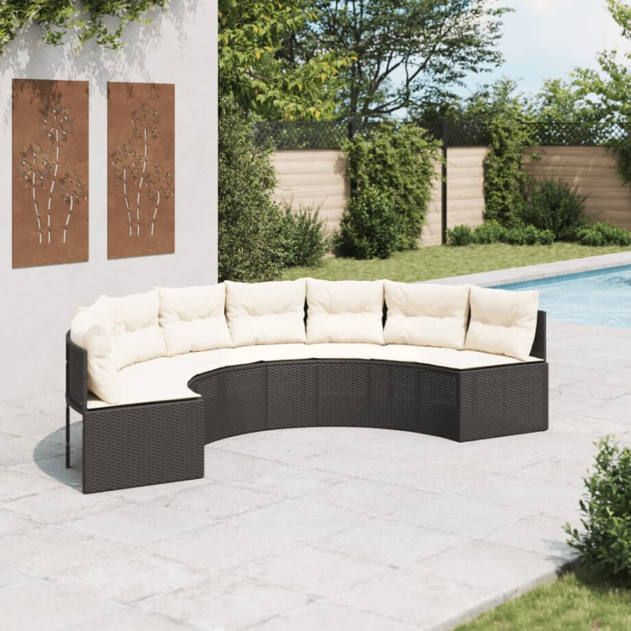 vidaXL Tuinbank met kussens halfrond poly rattan zwart vidaXL Tuinbank met kussens halfrond poly rattan zwart afbeelding 1