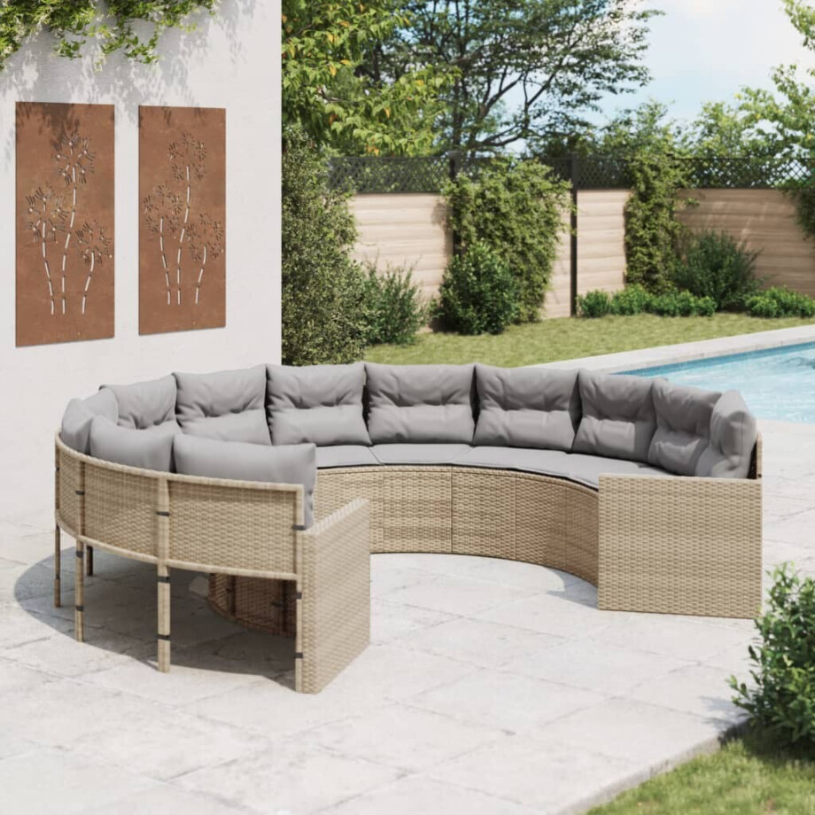 vidaXL Tuinbank met kussens rond poly rattan beige afbeelding 1