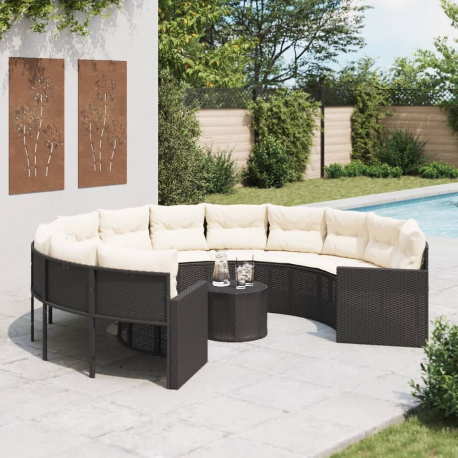 vidaXL Tuinbank met tafel en kussens rond poly rattan zwart vidaXL Tuinbank met tafel en kussens rond poly rattan zwart afbeelding 1