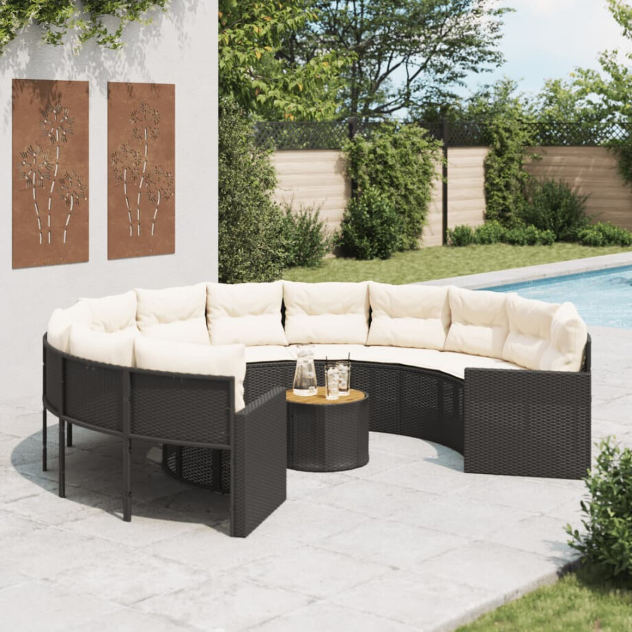 vidaXL Tuinbank met tafel en kussens rond poly rattan zwart afbeelding 1
